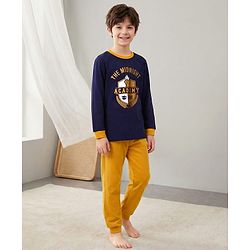 Pine Kids Single Jersey Knit Full Sleeves Night Suit With Text Print - Navy Blue & Mustard