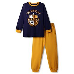 Pine Kids Single Jersey Knit Full Sleeves Night Suit With Text Print - Navy Blue & Mustard