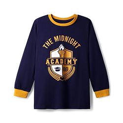 Pine Kids Single Jersey Knit Full Sleeves Night Suit With Text Print - Navy Blue & Mustard