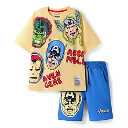Pine Kids Marvel Single Jersey Knit Half Drop Shoulder Sleeves Oversized T-Shirt & Shorts Set With Avengers Graphics & Badge Detailing - Yellow & Blue
