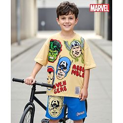 Pine Kids Marvel Single Jersey Knit Half Drop Shoulder Sleeves Oversized T-Shirt & Shorts Set With Avengers Graphics & Badge Detailing - Yellow & Blue
