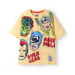 Pine Kids Marvel Single Jersey Knit Half Drop Shoulder Sleeves Oversized T-Shirt & Shorts Set With Avengers Graphics & Badge Detailing - Yellow & Blue