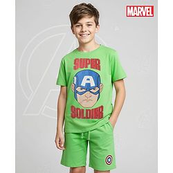 Pine Kids Marvel Single Jersey Knit Half Sleeves Shorts Night Suit With Captain America Graphics - Green