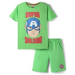 Pine Kids Marvel Single Jersey Knit Half Sleeves Shorts Night Suit With Captain America Graphics - Green