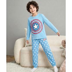 Pine Kids Marvel Single Jersey Knit Full Sleeves Night Suit With Captain America Print - Light Blue