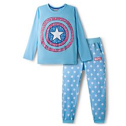 Pine Kids Marvel Single Jersey Knit Full Sleeves Night Suit With Captain America Print - Light Blue