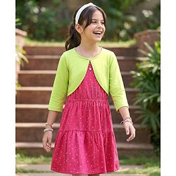 Pine Kids Cotton Knit Full Sleeves Tiered Frock With Jacket & Polka Dot Print - Pink & Lime Green