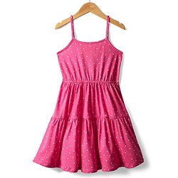Pine Kids Cotton Knit Full Sleeves Tiered Frock With Jacket & Polka Dot Print - Pink & Lime Green