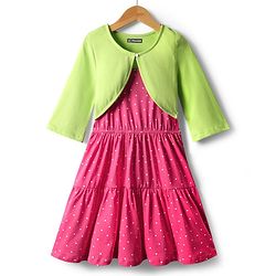 Pine Kids Cotton Knit Full Sleeves Tiered Frock With Jacket & Polka Dot Print - Pink & Lime Green