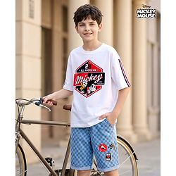 Pine Kids Disney Single Jersey Knit Half Sleeves Oversized Drop Shoulder T-Shirt & Denim Shorts With Mickey Mouse Graphics - White & Blue