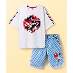 Pine Kids Disney Single Jersey Knit Half Sleeves Oversized Drop Shoulder T-Shirt & Denim Shorts With Mickey Mouse Graphics - White & Blue