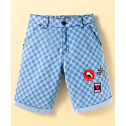Pine Kids Disney Single Jersey Knit Half Sleeves Oversized Drop Shoulder T-Shirt & Denim Shorts With Mickey Mouse Graphics - White & Blue