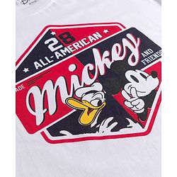 Pine Kids Disney Single Jersey Knit Half Sleeves Oversized Drop Shoulder T-Shirt & Denim Shorts With Mickey Mouse Graphics - White & Blue