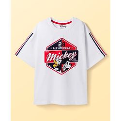 Pine Kids Disney Single Jersey Knit Half Sleeves Oversized Drop Shoulder T-Shirt & Denim Shorts With Mickey Mouse Graphics - White & Blue
