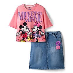 Pine Kids Disney Single Jersey Knit Oversized Drop Shoulder Half Sleeves T-Shirts & Skirt Set with Minnie Mouse Graphics - Pink & Blue