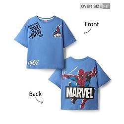 Pine Kids Marvel Terry Knit Half Drop Shoulder Sleeves Oversized T-Shirt with Front & Back Spider Man Graphics - Blue
