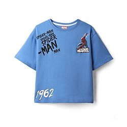 Pine Kids Marvel Terry Knit Half Drop Shoulder Sleeves Oversized T-Shirt with Front & Back Spider Man Graphics - Blue
