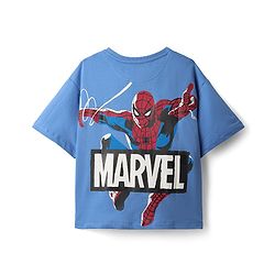 Pine Kids Marvel Terry Knit Half Drop Shoulder Sleeves Oversized T-Shirt with Front & Back Spider Man Graphics - Blue