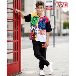 Pine Kids Marvel Single Jersey Knit Half Drop Sleeve Oversized T-Shirt & Track Pant Set with Avengers Graphic - Black