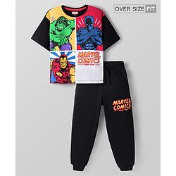 Pine Kids Marvel Single Jersey Knit Half Drop Sleeve Oversized T-Shirt & Track Pant Set with Avengers Graphic - Black