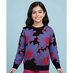 Pine Kids Knitted Full Drop Shoulder Sleeves Pullover Sweater With Floral Design - Black