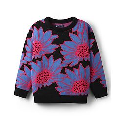 Pine Kids Knitted Full Drop Shoulder Sleeves Pullover Sweater With Floral Design - Black