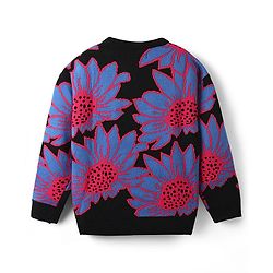 Pine Kids Knitted Full Drop Shoulder Sleeves Pullover Sweater With Floral Design - Black