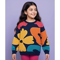 Pine Kids Knit Full Sleeves Pullover Sweater with Floral Design - Navy Blue