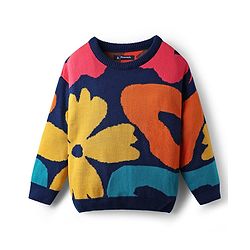 Pine Kids Knit Full Sleeves Pullover Sweater with Floral Design - Navy Blue