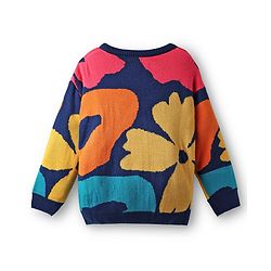 Pine Kids Knit Full Sleeves Pullover Sweater with Floral Design - Navy Blue