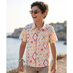 Pine Kids Viscose Woven Half Sleeves Abstract Printed Shirt - White