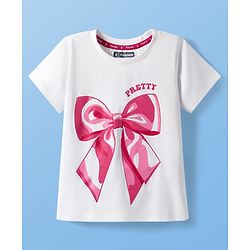 Pine Kids Cotton Knit Half Sleeves T-Shirt with Bow & Pretty Text Print - White