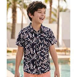 Pine Kids Viscose Woven Half Sleeves Leaves Printed Shirt - Black