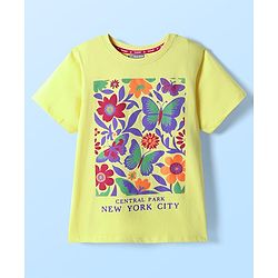 Pine Kids Cotton Knit Half Sleeves T-Shirt with Floral Print - Yellow