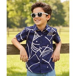 Pine Kids Viscose Woven Half Sleeves Shirt With Abstract Print - Navy Blue