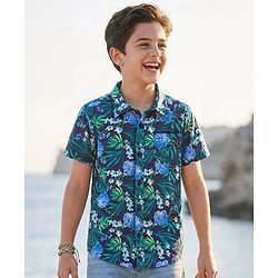 Pine Kids Viscose Woven Half Sleeves Shirt With Floral Print - Blue