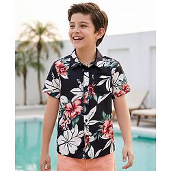 Pine Kids Viscose Woven Half Sleeves Shirt With Floral Print - Black