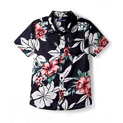 Pine Kids Viscose Woven Half Sleeves Shirt With Floral Print - Black