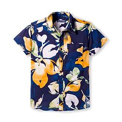 Pine Kids Viscose Woven Half Sleeves Shirt With Floral Print - Navy Blue