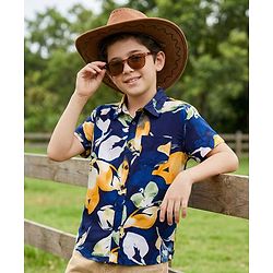 Pine Kids Viscose Woven Half Sleeves Shirt With Floral Print - Navy Blue