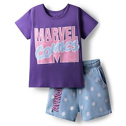 Pine Kids Marvel Single Jersey Knit Half Sleeves T-Shirt & Shorts Set With Avengers Graphics - Purple & Blue