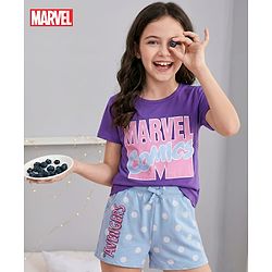 Pine Kids Marvel Single Jersey Knit Half Sleeves T-Shirt & Shorts Set With Avengers Graphics - Purple & Blue