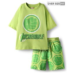Pine Kids Marvel Single Jersey Knit Drop Shoulder Half Sleeves Oversized T-Shirt & Shorts Set With Avengers Graphics - Green
