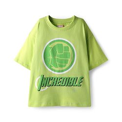 Pine Kids Marvel Single Jersey Knit Drop Shoulder Half Sleeves Oversized T-Shirt & Shorts Set With Avengers Graphics - Green