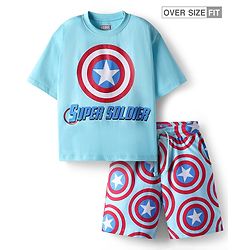 Pine Kids Marvel Single Jersey Knit Drop Shoulder Half Sleeves Oversized T-Shirt & Shorts Set With Captain America Graphics - Light Blue