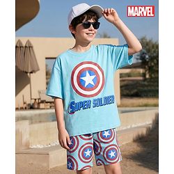 Pine Kids Marvel Single Jersey Knit Drop Shoulder Half Sleeves Oversized T-Shirt & Shorts Set With Captain America Graphics - Light Blue