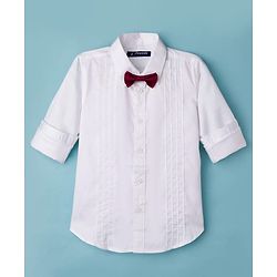 Pine Kids Cotton Woven Full Sleeves Solid Party Shirt with Attached Bow - White