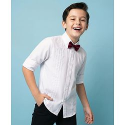 Pine Kids Cotton Woven Full Sleeves Solid Party Shirt with Attached Bow - White