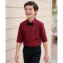 Pine Kids Cotton Woven Full Sleeves Solid Party Shirt With Bow - Maroon