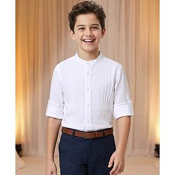 Pine Kids Cotton Woven Full Sleeves Solid Color Party Shirt with Pintuck Detailing - White